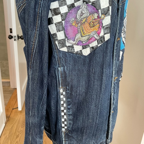 One-of One Hand Painted Alice in Wonderland Art Denim Jacket - Picture 5 of 14